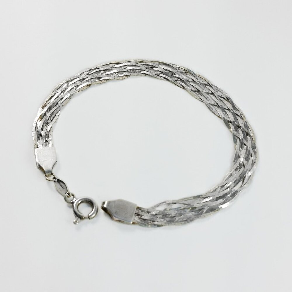 Sterling Silver Braided Bracelet - Herringbone Design 7.5" - Multistrand Chain